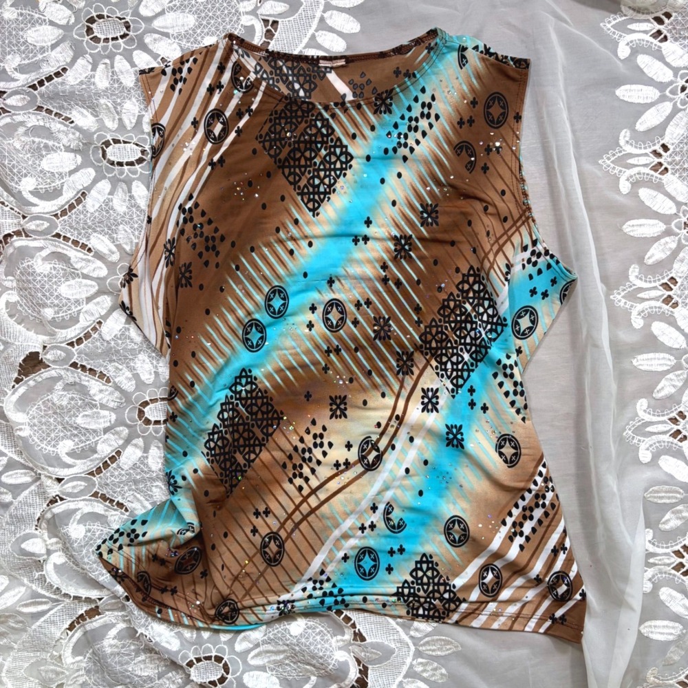 Y2K Fairy Club Sleeveless Geometric Tribal Print Sparkle Top Brown Teal